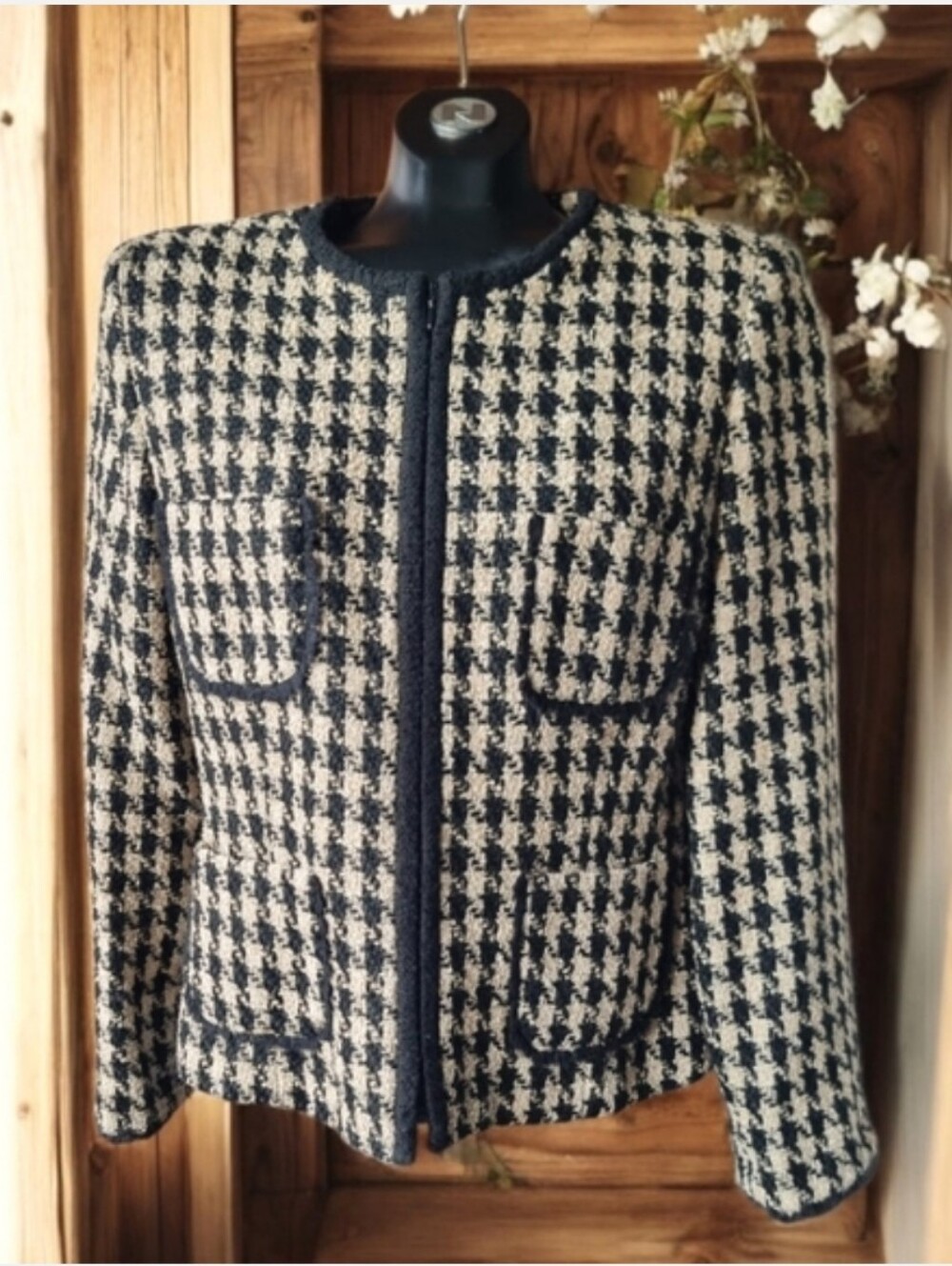 Talbots Houndstooth Tweed Fringed Blazer Jacket Wool Blend Zipper Front Size 10